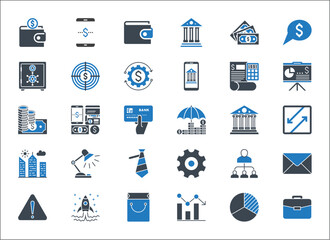 Business, banking and finance vector icons set glyph blue. Icons for business, management, finance, strategy, banking, marketing and accounting for mobile concepts and web. Modern pictogram