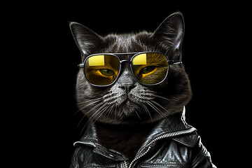 Black stern cat in yellow sunglasses and a leather jacket on a black background