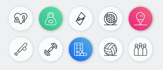 Set line Sports doping with dumbbell, Golf ball on tee, Baseball bat, Volleyball, Car wheel, Flippers for swimming, Bowling and Dumbbell icon. Vector