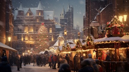 Christmas market and Christmas Decoration in beautiful old town - obrazy, fototapety, plakaty