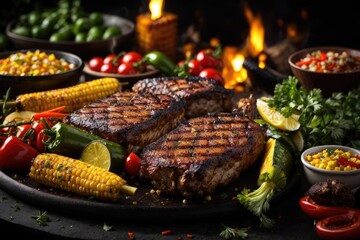 Fiery Grilled Meats and Fresh Vegetables on Black Background: Juicy BBQ Steak, Chicken, Pineapple, and Peppers delicious, AI Generated