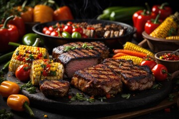 Fiery Grilled Meats and Fresh Vegetables on Black Background: Juicy BBQ Steak, Chicken, Pineapple, and Peppers delicious, AI Generated