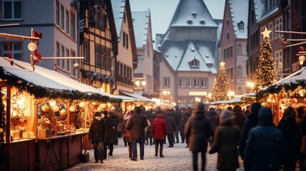 Christmas market and Christmas Decoration in beautiful old town - obrazy, fototapety, plakaty