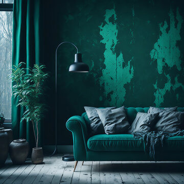 Green interior in the style of grunge. AI