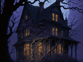 Fototapeta na wymiar A giant tree captures the roots of the house, fantasy, magic, cartoon. AI