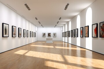 Interior of a bright gallery, showcasing blank posters. Generative AI