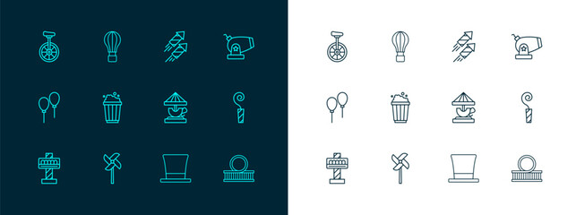 Set line Cannon, Pinwheel toy, Attraction carousel, Cylinder hat, Popcorn cardboard box, Firework rocket, Unicycle and Hot air balloon icon. Vector © Iryna