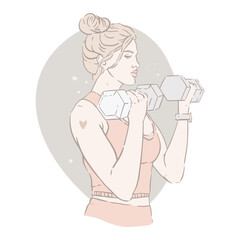 Beautiful, athletic woman doing exercise. Blond hair gathered in bun. Sportswear, fitness accessorize. Dumbbell workout for arms, muscle building. Training in the gym and at home. Vector illustration