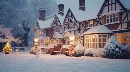 Christmas in the countryside manor, English country house mansion decorated for holidays on a snowy winter evening with snow and holiday lights, Merry Christmas and Happy Holidays - obrazy, fototapety, plakaty