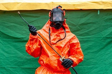 Orange protective suit against chemical or bacterial threats