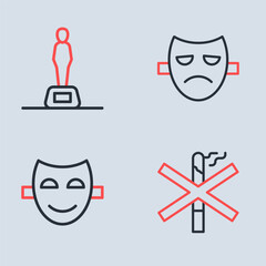 Set line Drama theatrical mask, Comedy, No smoking and Movie trophy icon. Vector