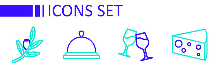 Set line Cheese, Wine glass, Covered with tray of food and Olives branch icon. Vector