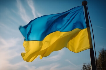 Ukrainian flag waving in the wind against blue sky with clouds, Independence Day, kiev day concept