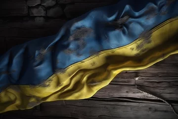 Deurstickers Flag of the Republic of the Ukraine on a dark wooden background, Independence Day, kiev day concept © Canities