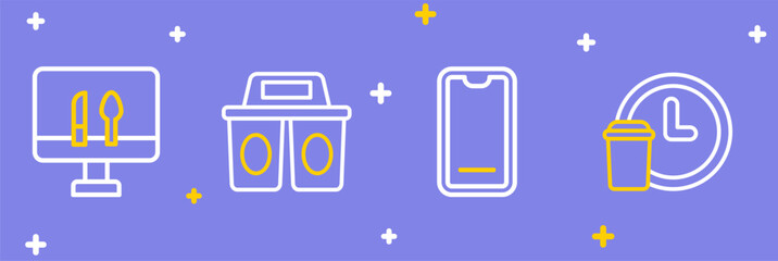Set line Round the clock delivery, Food ordering on mobile, Coffee cup to go and Online food icon. Vector