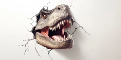 Deurstickers Cute T-Rex peeking out of a hole in wall, torn hole, empty copy space frame, mockup. Generative AI image weber. © Summit Art Creations