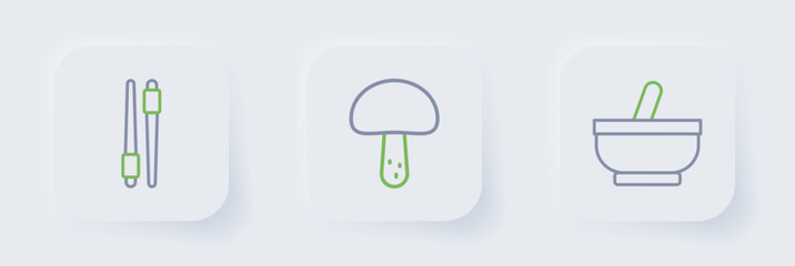 Set line Mortar and pestle, Mushroom and Food chopsticks icon. Vector
