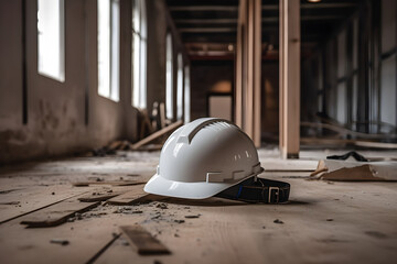 White hard hat on construction site background with copy space. Industrial concept, work protection, construction safety industry concept