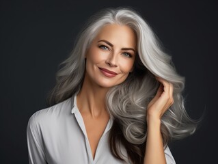A middleaged aging mature woman with long gray hair and happy smiling, beauty and cosmetics advertising, smooth skin