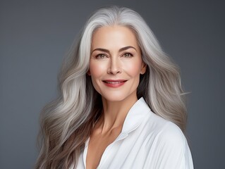 A stern confident middleaged aging mature woman with long gray hair and happy smiling, beauty and cosmetics advertising, smooth skin