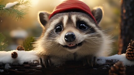 A raccoon with a red hat on its head