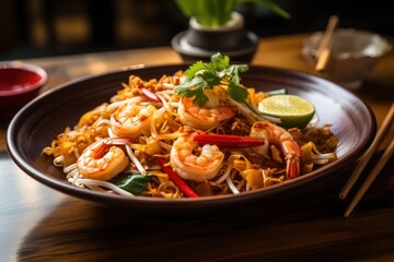 Thai cuisine Stir fried noodles with shrimp in pad thai. Generative AI. - obrazy, fototapety, plakaty