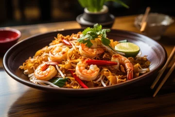 Foto op Canvas Thai cuisine Stir fried noodles with shrimp in pad thai. Generative AI. © Dusit