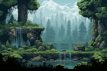 A vintage pixel forest waterfall in a 8-bit game. Generative AI