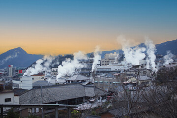 Skyline with many steam fumes in Beppu city, Oita prefecture, Japan
