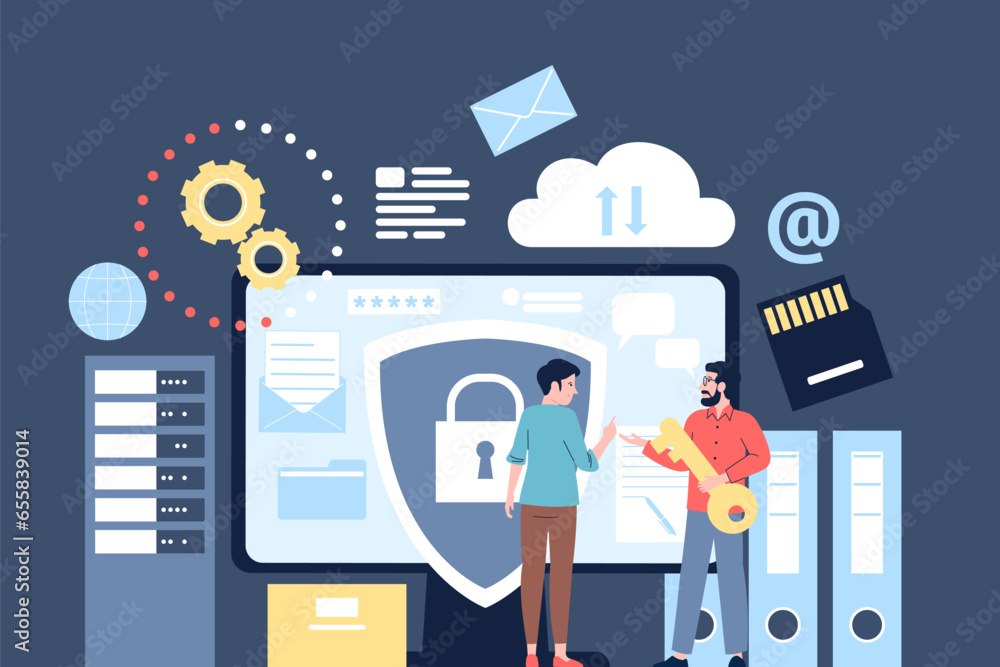 Poster email and data encryption. digital letter safety transfer, internet mail protection. computer securi