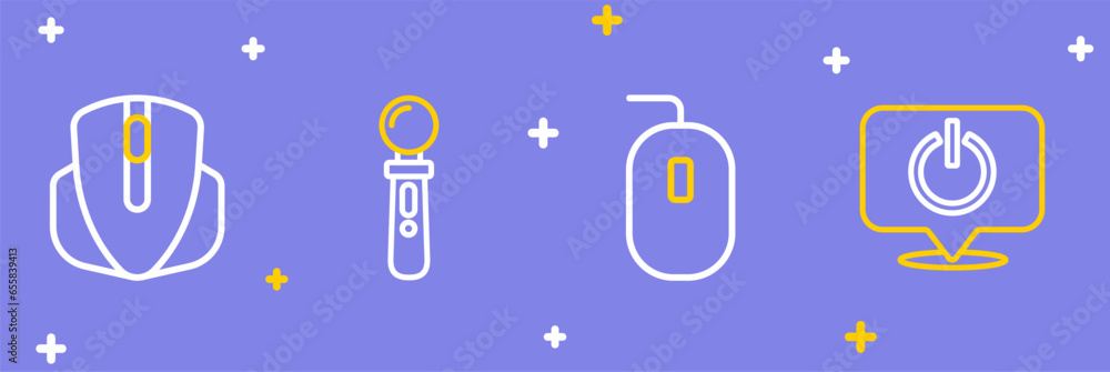Poster set line power button, computer mouse, vr controller game and icon. vector