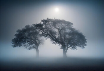 Fototapeta premium Misty. Foggy. Atmospheric. Weather. Hazy. Nature. Scenic. Serene. Mystical. Ethereal. Fog. Tranquil. Misty Landscape. Mysterious. Misty Morning. Dreamy. Eerie. Moody. Nature's Beauty. AI Generated.