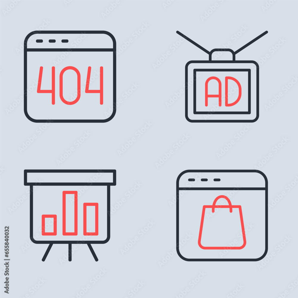 Poster set line advertising, board with graph chart, online shopping on screen and page 404 error icon. vec