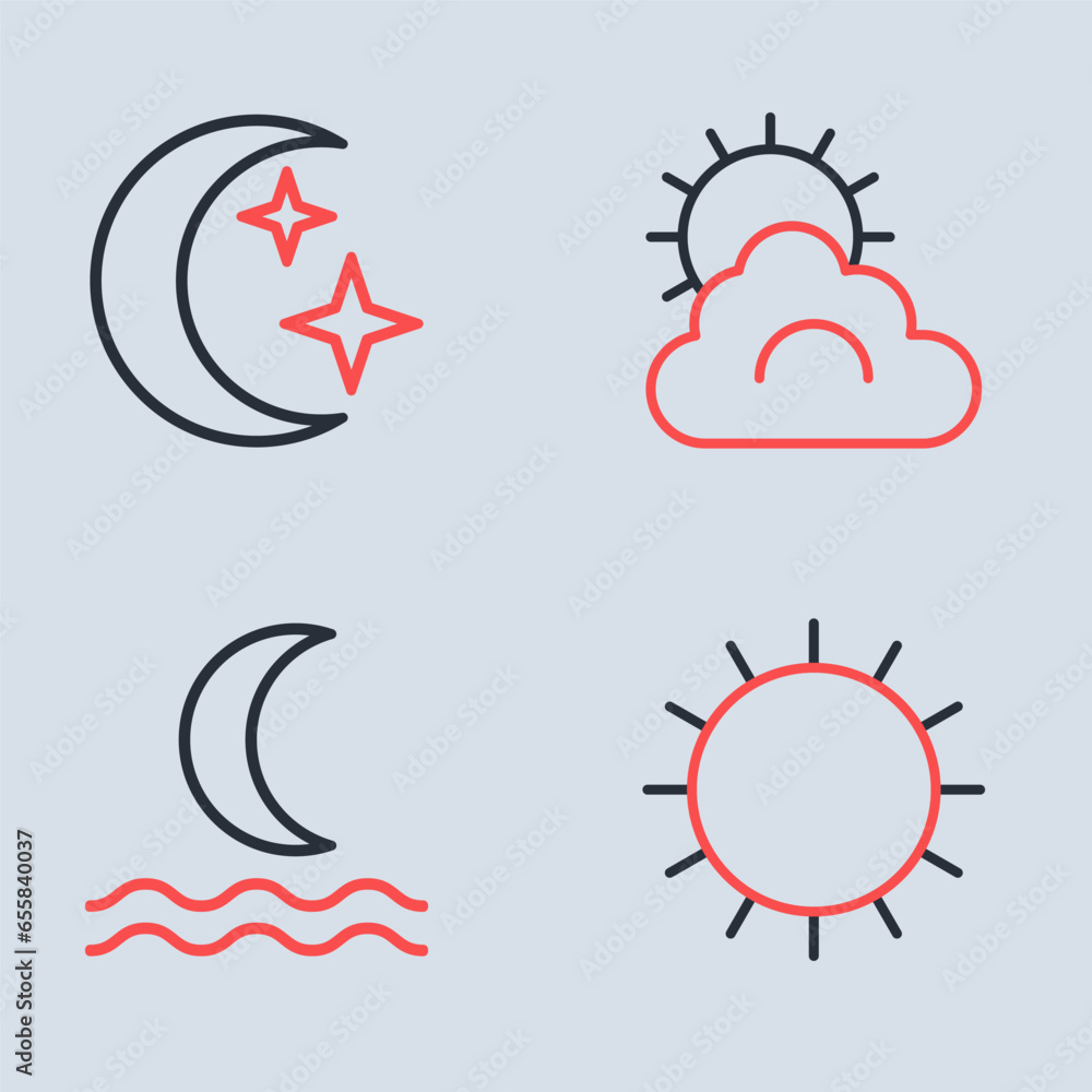 Poster Set line Sun and cloud weather, Night fog or smoke, and Moon stars icon. Vector