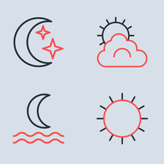 Set line Sun and cloud weather, Night fog or smoke, and Moon stars icon. Vector