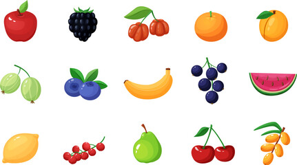 Cartoon fruits and berries. Isolated berry, fresh sweet healthy natural desserts. Banana and watermelon slice, apple and peach nowaday vector clipart