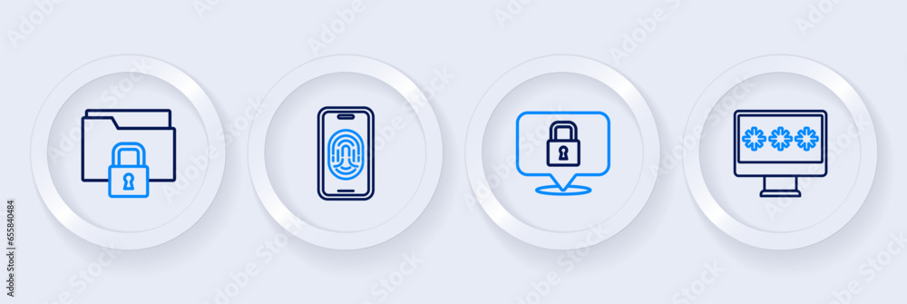 Poster set line monitor with password, lock, mobile fingerprint scanner and folder and lock icon. vector