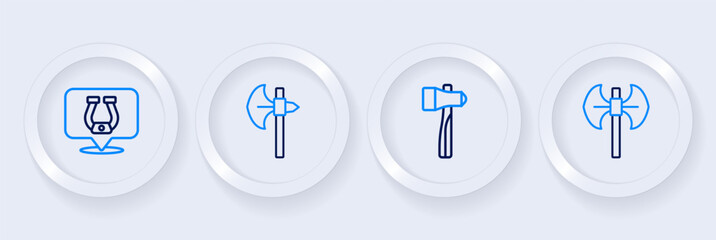 Set line Medieval poleaxe, Hammer, and Horseshoe icon. Vector
