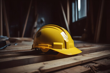 Yellow hard hat on construction site background with copy space. Industrial concept, work protection, construction safety industry concept