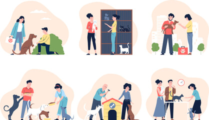 Homeless animals scenes. Pets care and volunteering, veterinary help and animal shelter workers. Volunteers give food and home, recent vector concept