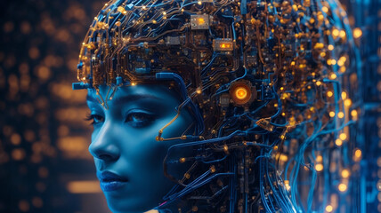 Naklejka na ściany i meble Portrait of a woman android humanoid artificial intelligence robot neon blue lights neurons