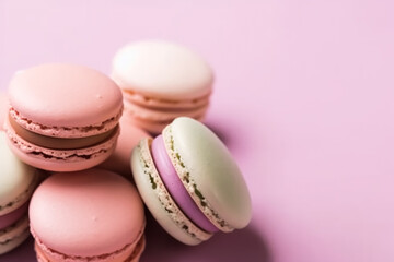 Macaroons on cream pastel background, chic cafe dessert, sweet food and holiday cake macaron for luxury confectionery, generative ai