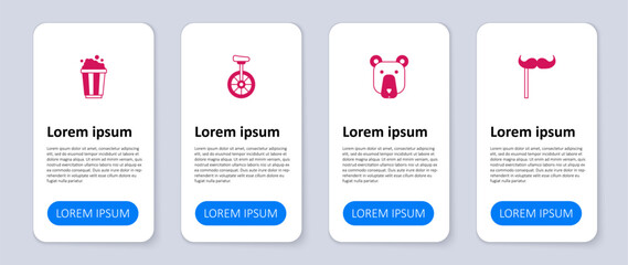 Set Paper mustache on stick, Bear head, Unicycle and Popcorn in cardboard box. Business infographic template. Vector