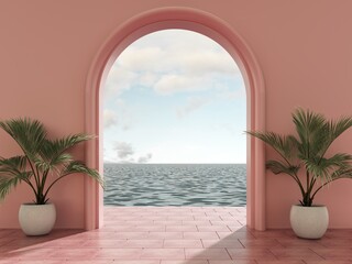 Fototapeta na wymiar Abstract architectural design on the backdrop of the ocean with sunset and sunrise on the beach - 3d render. Bright arches in the wall overlooking the sea and tropical palm trees - card for travel.