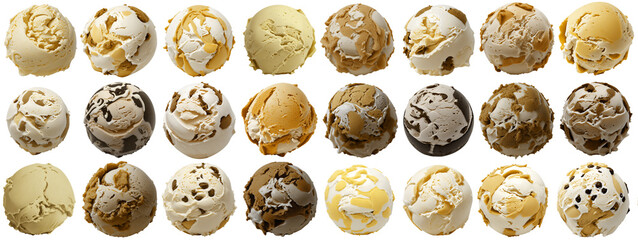 set of delicious yellow vanilla ice cream balls / scoops, isolated on transparent background cutout - png - different flavors mockup for design - image compositing footage - alpha channel