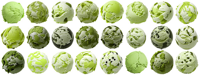 set of green woodruff ice cream balls / scoops, isolated on transparent background cutout - png - different flavors mockup for design - image compositing footage - alpha channel