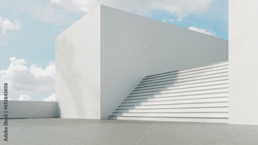 Poster abstract architectural backdrop - 3d render. white details of the facade of modern building on blue 