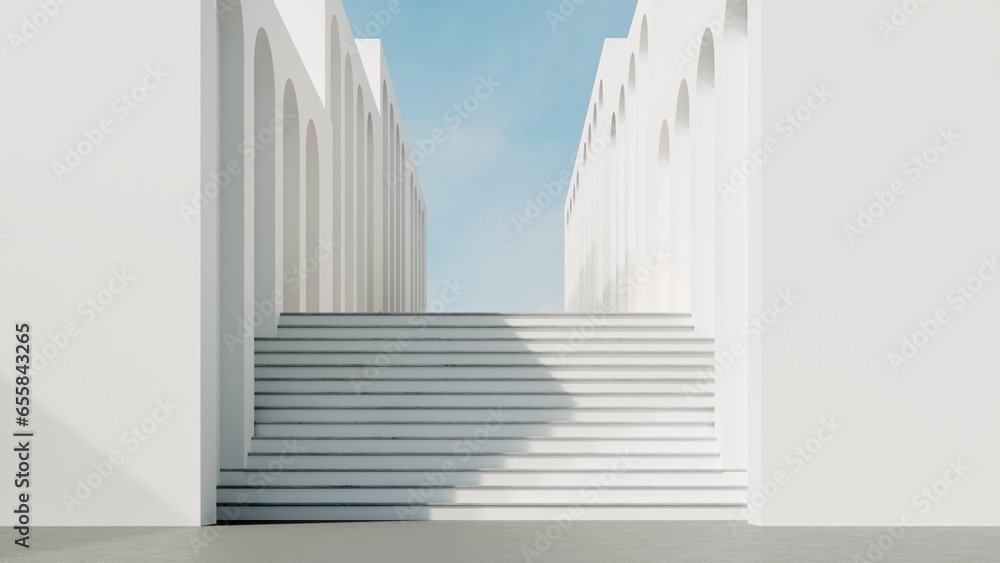 Poster abstract architectural backdrop - 3d render. white details of the facade of modern building on blue 