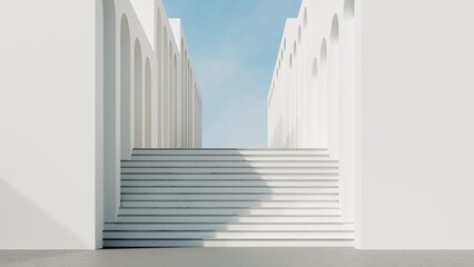 Abstract architectural backdrop - 3D render. White details of the facade of modern building on blue sky background with copy space. Unobtrusive background with shadow on the wall.	
