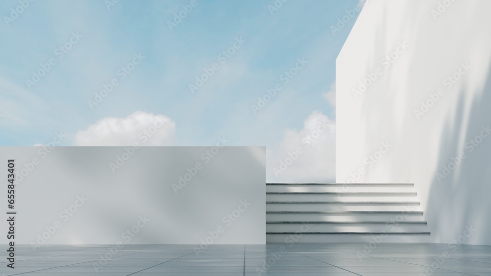Poster abstract architectural backdrop - 3d render. white details of the facade of modern building on blue 